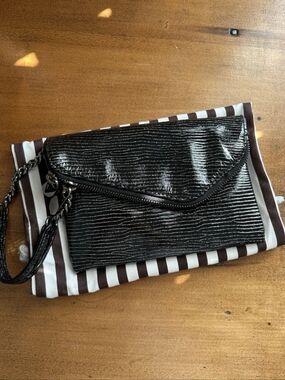 Henri Bendel Patent Leather Black Metallic Foldover Clutch/Wristlet